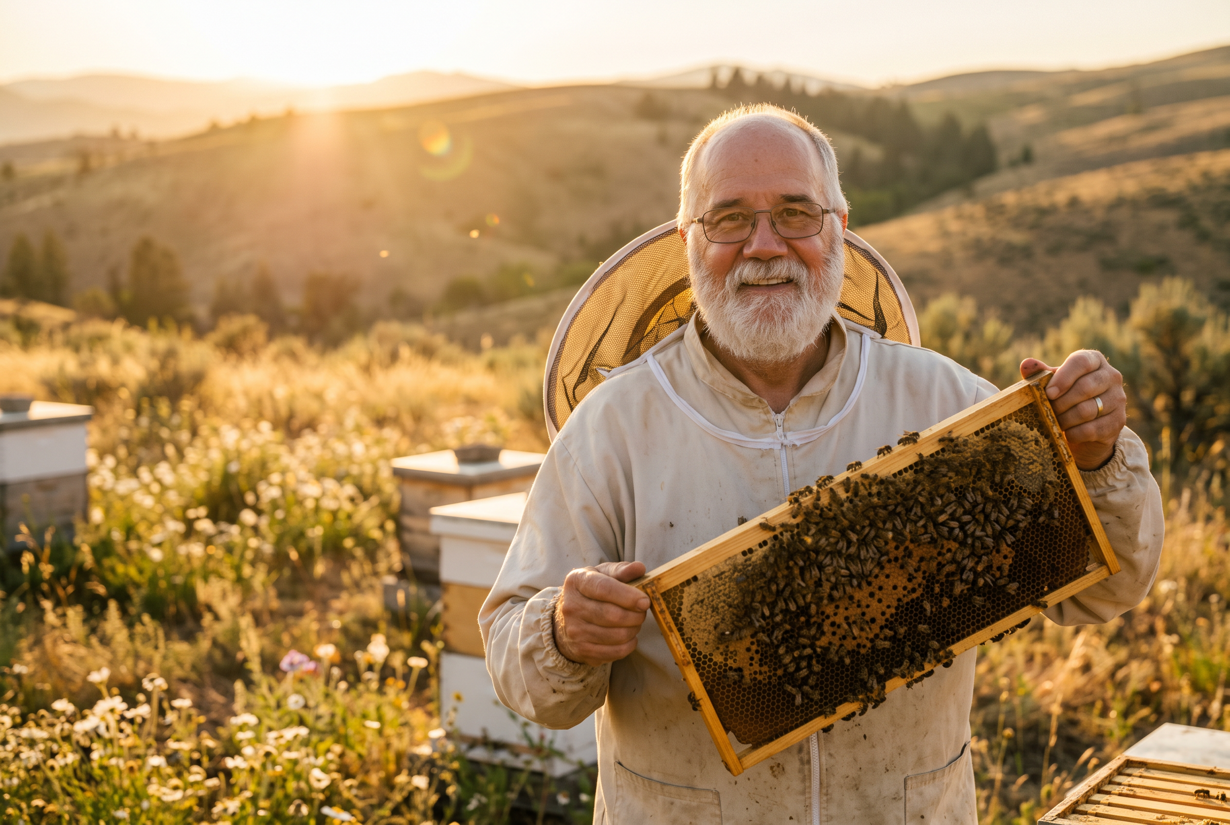 Beekeeper holding a honeycomb frame at sunrise